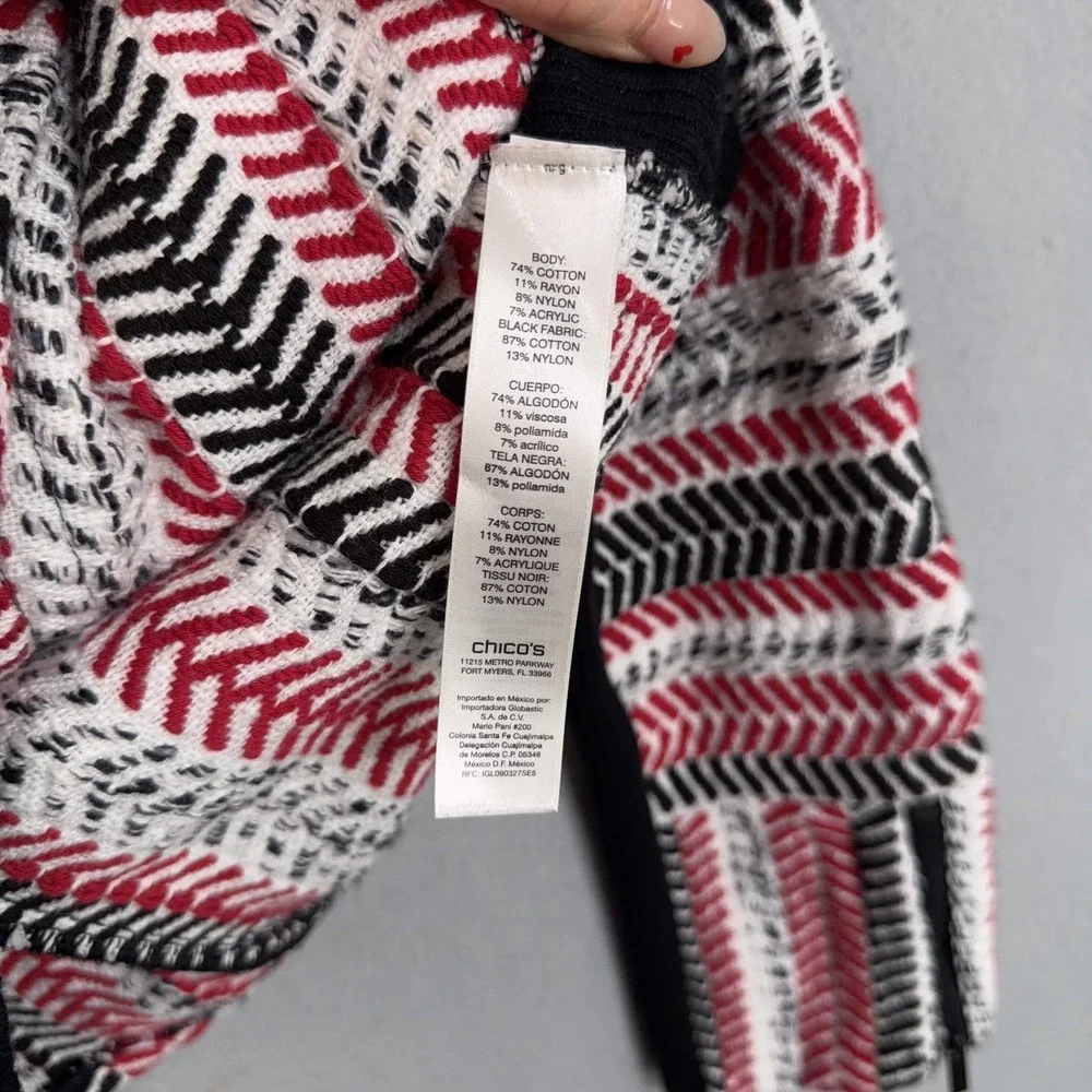 Chicos Cardigan Sweater Womens 0 Red Black White Full Zip Chevron Asymmetrical